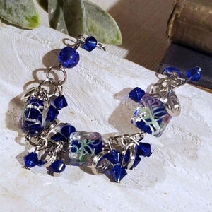 Vintage Murano Glass Beads Blue Silver Charm Bracelet PD 1178-BL C